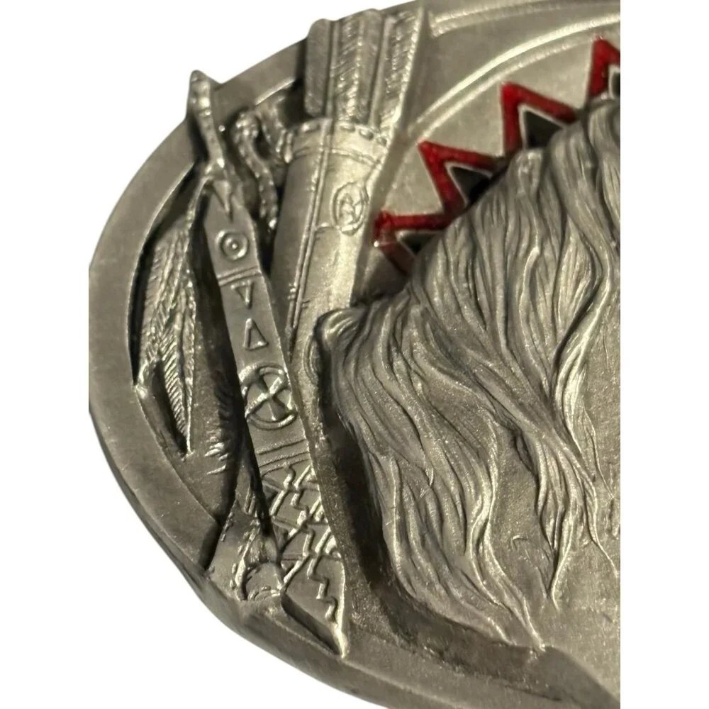 Vintage 90's C&J Belt‎ Buckle Native American Horse Feather Arrow Enamel Oval 3”